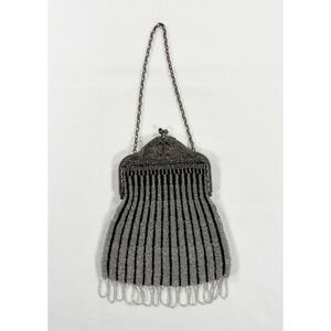 Antique 1920s Beaded Flapper Purse Ornate Silver Filigree Frame Fringe Evening‎